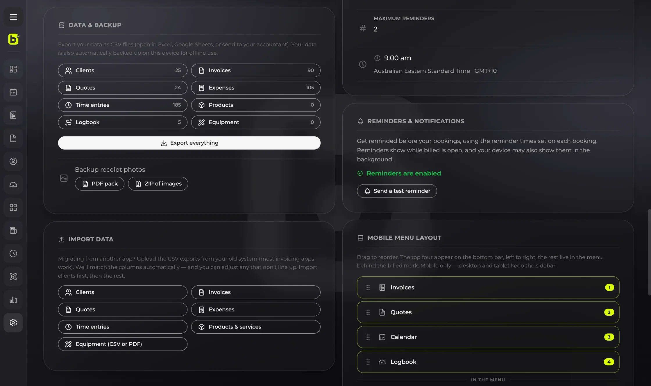 The billed data and backup screen: export counts for clients, invoices, quotes, expenses, time entries and logbook, backup options for receipt photos, and CSV import for migrating from another app