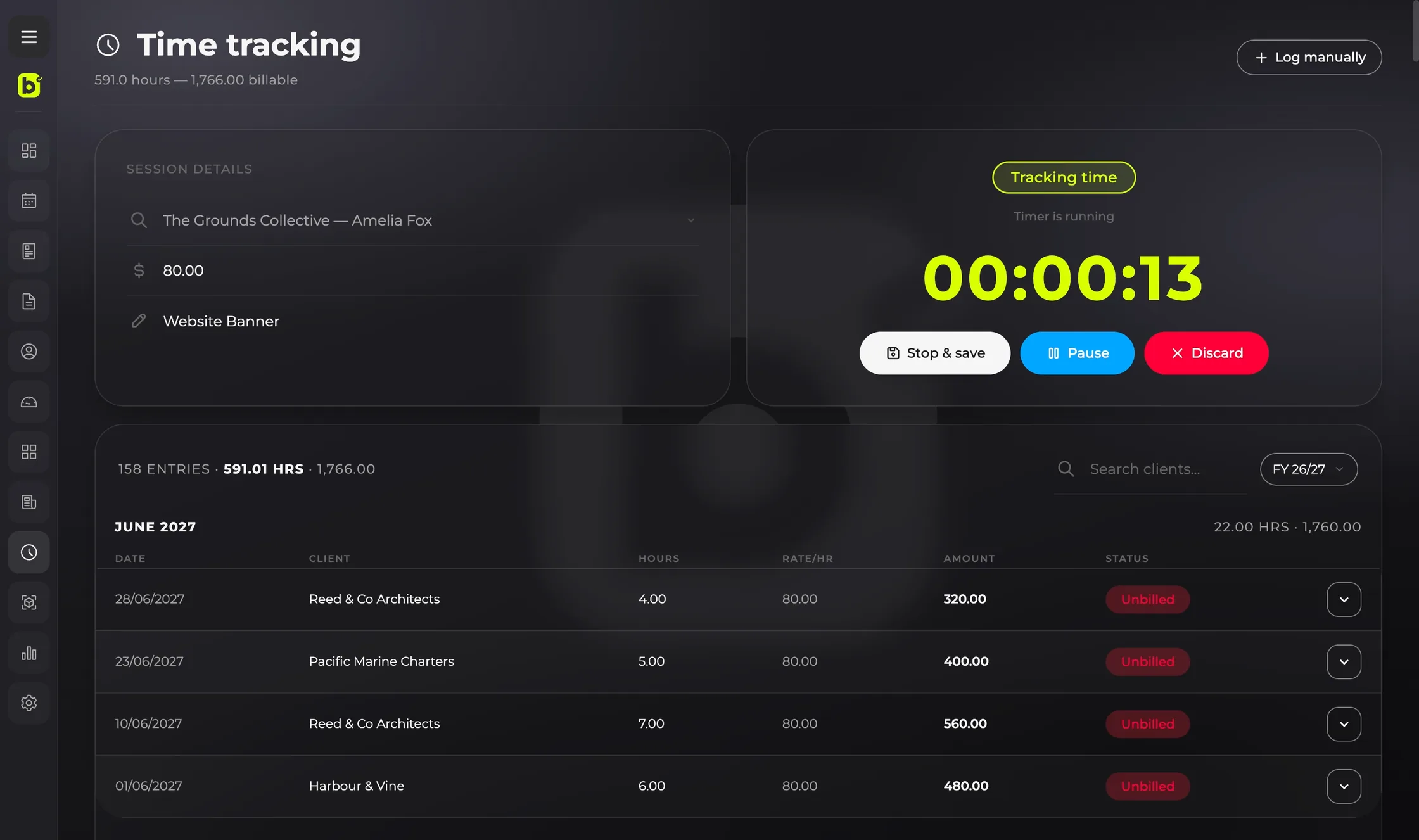 The billed time tracking screen: a running timer, session details and a list of logged entries